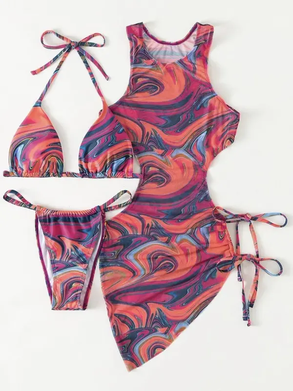 Women's All over Print Cut out Triangle Bikinis for Summer 2024, Drawstring Tie Back Halter Neck High Cut Swimwear Set for Summer, Swimsuit for Beach Holiday 4