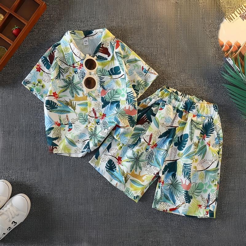 [120-170 size] Bộ Sơ Mi Cộc Tay Hoa Lá Thời Trang Cho Bé Trai Jean