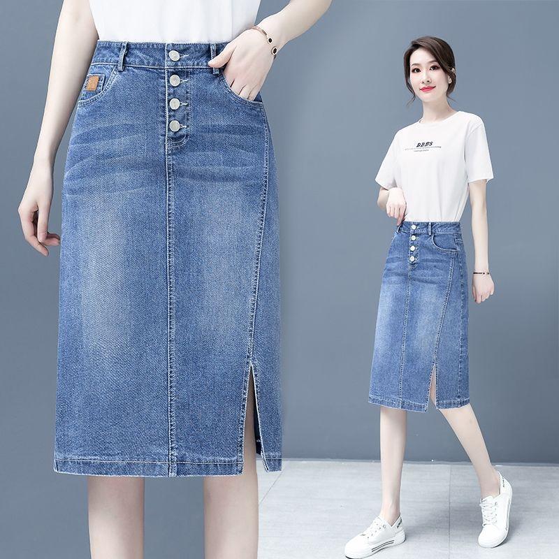 Chân Váy Denim, Dành Cho Nữ, Hàng Mới Về Xuân / Hè 2025, Cạp Cao, Xẻ Tà, Dài Trung Bình Ống Ôm Dáng Chữ A, Ngoại Cỡ, Chân Váy Bó Sát 4