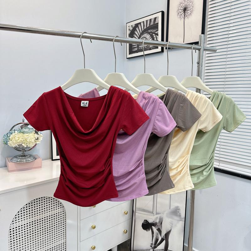 B36 - Áo thun cổ đổ Nữ tay ngắn chất Bozip Lụa QC mềm nhún eo 2 bên hông Top Women