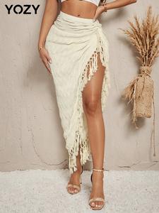 YOZY Women's Plain Fringe Trim Bodycon Skirt, Casual Fashionable Long Skirt for Daily Outdoor Wear, Ladies Bottoms for Summer