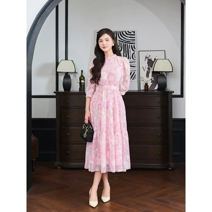 Đầm dáng dài tay lỡ chất tơ hoa hồng Orchid - BT11X241 0