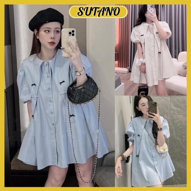 Váy babydoll cổ nhọn đính nơ đen tay bồng đầm nữ thô đũi dáng suông trẻ trung cá tính V179 SUTANO