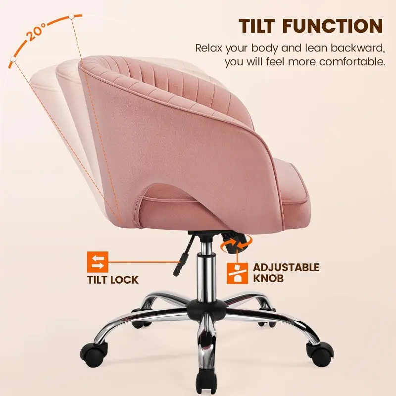 Deluxe Velvet Desk Chair, Makeup Vanity Chair with Tufted Barrel Back Adjustable Velvet Accent Armchair Swivel Office Chair for Home Office Pink 8