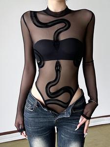 Bodysuit de malla transparente con estampado de serpiente de terciopelo, ajustado y sexy, ideal para el verano, elegante y con una declaración de moda atrevida