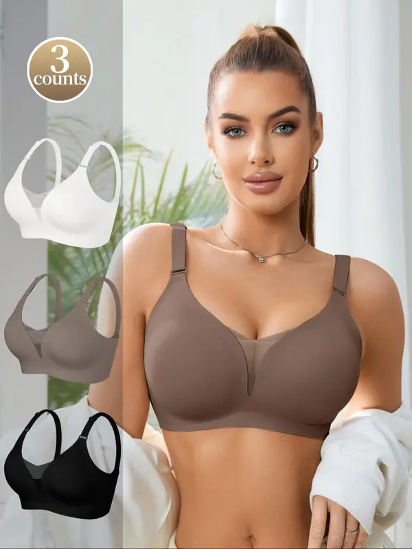 Women's Solid Color Mesh Patchwork Seamless Wireless Bra, Casual Comfortable Breathable Adjustable Strap Anti-Sagging Full Coverage Bra, Lingerie for All Seasons 5