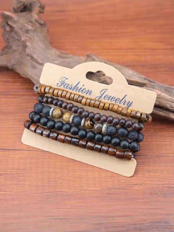 5pcs/set Simple Wooden Beaded Bracelet, Casual All-match Trendy Bracelet Jewelry for Daily Wear, Casual Fashion Bracelets for Men & Women, Gifts for Wife 5