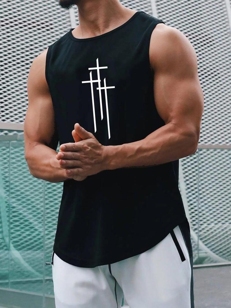 Product Introduction of Men's Cross Print Crew Neck Tank Top, Regular Fit Casual Sleeveless Round Neck Top for Daily Outdoor Wear, Fashion Men's Clothes for All Seasons 8