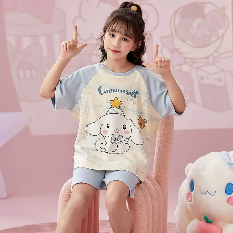 Bộ đồ ngủ trẻ em Happy cho bé gái 2024 mùa hè - 6 màu, cotton nguyên chất, tay ngắn bộpolobégái có thể giặt máy vừa in vừa in đồbộquầnsọccaro 12tuổi bộđồ blackpink 7