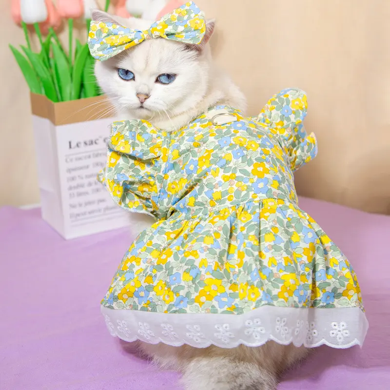 Pakaian Haiwan Peliharaan, Skirt Lengan Berkobar, Diperbuat daripada Kapas, Sesuai untuk Musim Bunga dan Musim Panas, Sesuai untuk Teddy, Bichon, Anak Anjing dan Kucing