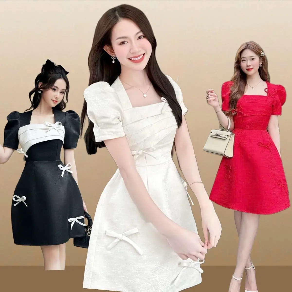 Đầm dự tiệc tafta vân đá phối nơ Nữ Women Dress Nhung Voan Kim Tuyến vaytet chỉ giặt tay đỏ hồng váy  đỏ vay  mactet