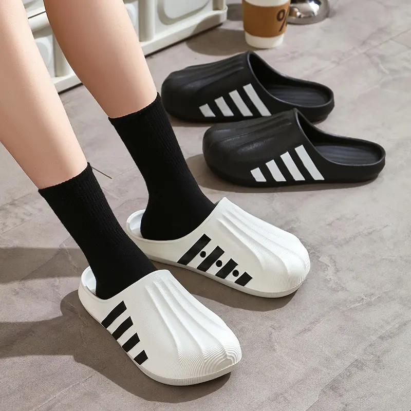 「3 dòng」Nam nữ dép lê, dép lê sọc đen, dép lê sọc trắng, dép lê chống trượt, đế dép dày 4 cm
