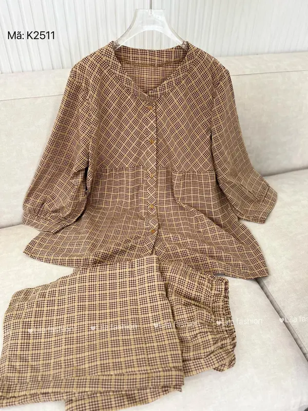 Bộ quần áo kẻ caro - K2511,pijama nữ đồ mặc nhà Lila dáng babydoll cổ tàu chất thô cotton, mềm mịn,thoáng mát 6