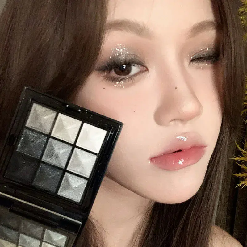 9 Color All Glitter Eye Shadow Palette Dark Black Grey Silver Shimmer Smokey Punk Eyeshadow Palette Makeup Halloween Eye Pigment