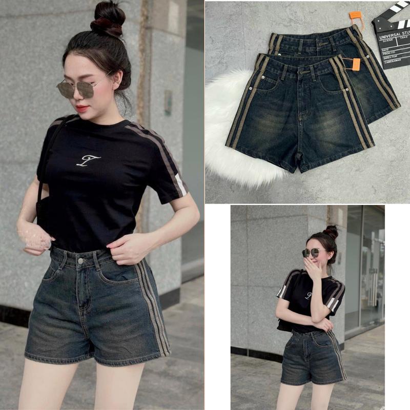 S-XL Quần Sọt Jean Nữ - Quần Short Nữ Trơn Màu Retro Phối Dây Viền Sọc 2 Bên Hông Chất QC Cao Cấp HYDI Jean S-M-L - J866 Women Pants