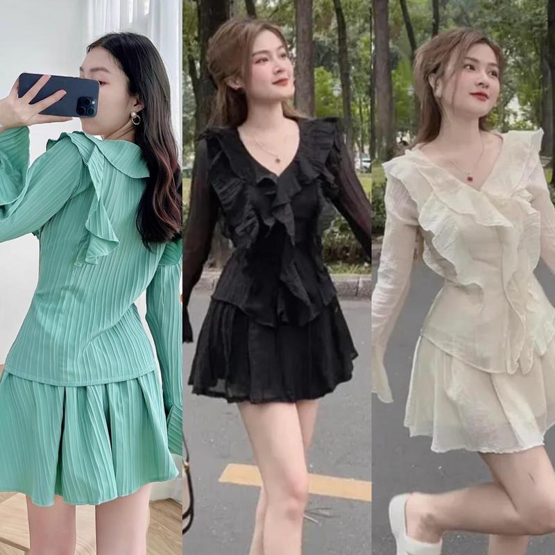 Set Bộ Bigsize Đũi Gân Thiết Kế Tay Bèo Hot Hit Thời Trang Bigsize Nữ đẹp Sang Chảnh, Set Bộ Đồ Sơ Mi Phối Bèo + Chân Váy Có Lót Trong Xinh Đẹp Feesize 50-95kg Ennhocobigsize Áo Top Settaydai Jumpsuit Nâu Set Đồ Nữ Đẹp Set Áo Và chận Váy Women Đen - 2030