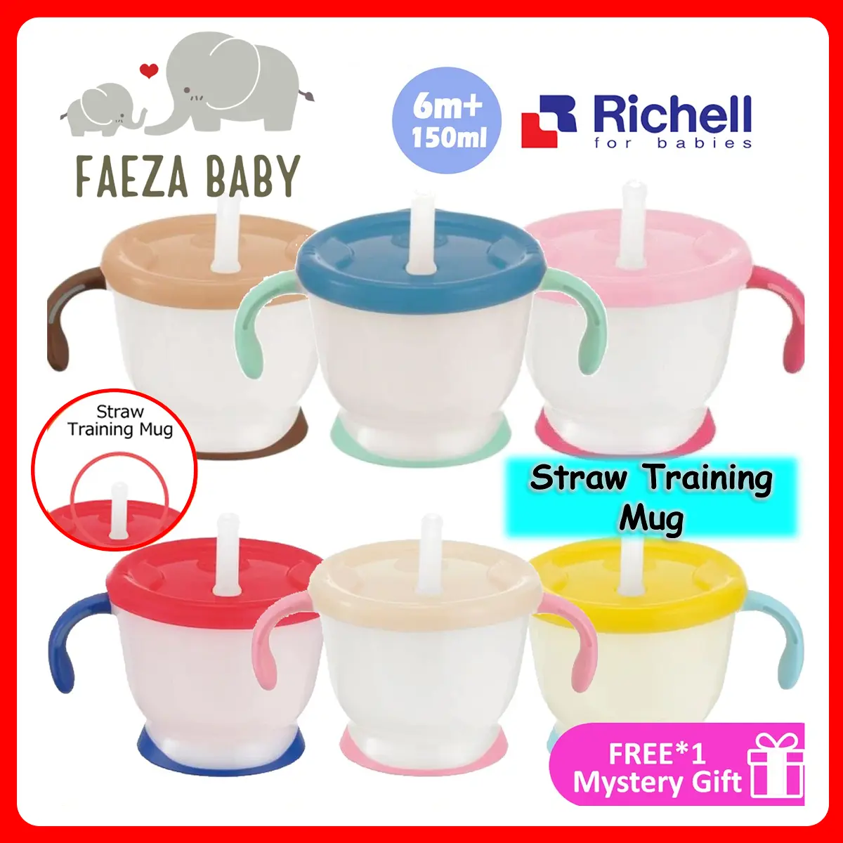 Richell AQ Straw Training Mug Baby 6+ months Training Water Bottle- 150ml Navy Blue/ Pink/ Yellow