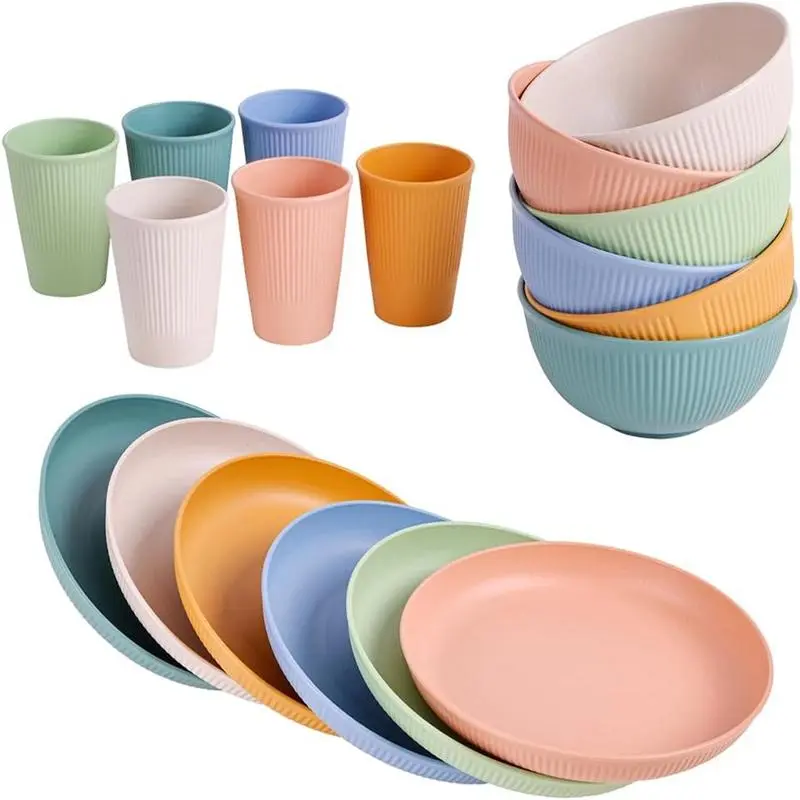 Wheat Straw Tableware Set (18pcs), Reusable Dinnerware Set, Including Plates, Bowls & Cups, Microwave & Dishwasher Safe Tableware Set for Home
