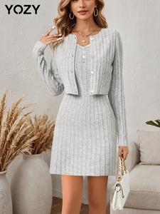 YOZY Two-Piece Set Women's Solid Button Front Cardigan & Cami Dress, Casual Long Sleeve Outerwear & Sleeveless Dress, Ladies Clothes for All Seasons