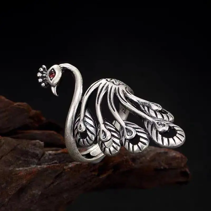 New New Wide Face Ring for Women's Ethnic Style Phoenix Peacock Old Ring Ring Creative Retro Live Mouth Jewelr