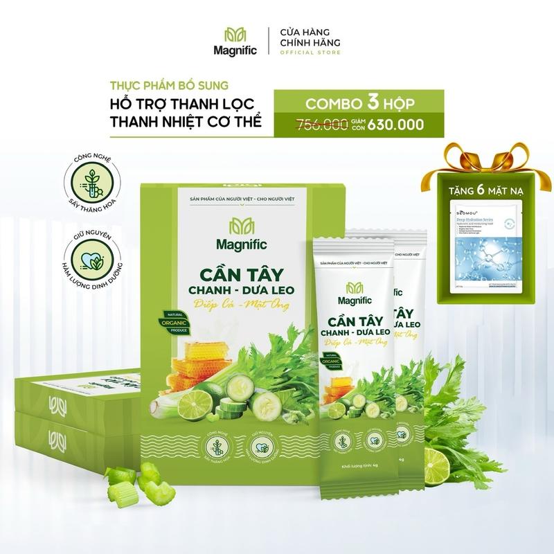 Combo 3 Hộp - Nước uống Cần Tây Chanh & Dưa Leo MAGNIFIC Hộp 14 gói x 4g - Tặng 6 Mặt Nạ