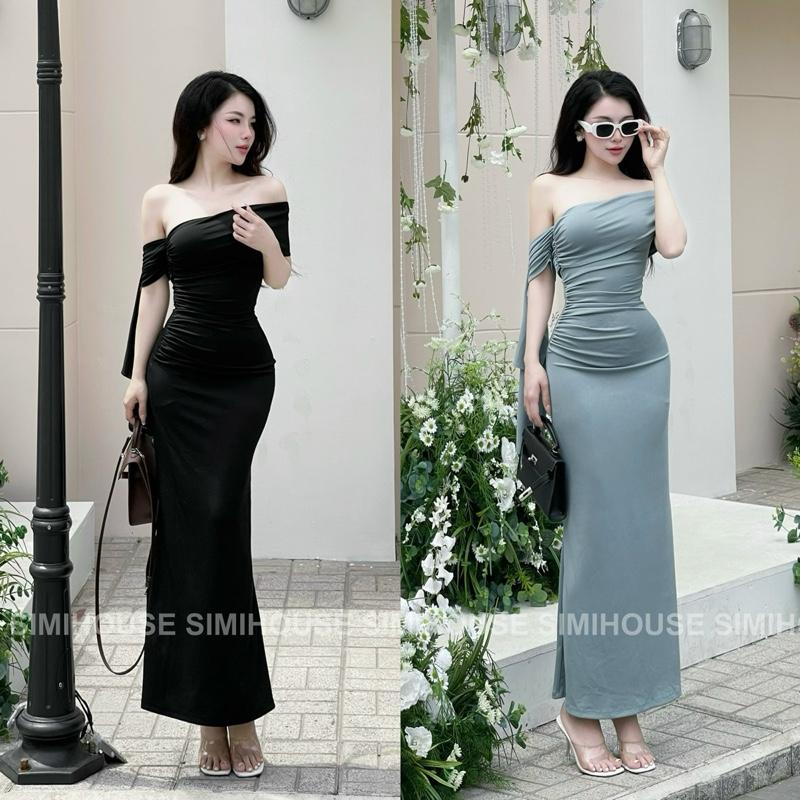 SIMI HOUSE VÁY BODY TAY RƠI NGẮN THUN TĂM Đầm body xinh sang chảnh vai lệch tay rơi ngắn Dress Women 2025