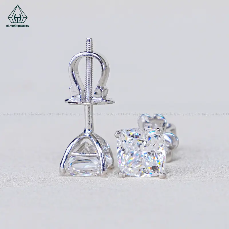 Đôi Bông Tai Bạc 925 Xi Kim Viên Chủ Đá CZ 7A Giác Cắt Cushion Chuôi Vặn EX086 Hà Tuấn Jewelry 3