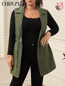 CURVZY Plus Size Solid Lapel Collar Pocket Open Front Vest Jacket, Casual Sleeveless Outerwear for Spring & Fall, Women's Clothes for Daily Wear