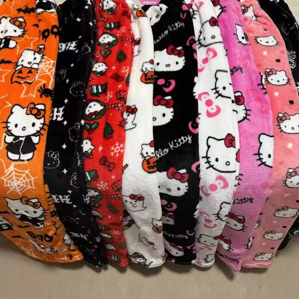 Sanrio Hello Kitty Coral Fleece Pajama Pants Soft Trousers Women Casual Home Trousers Kawaii Anime Cartoon Birthday Gift