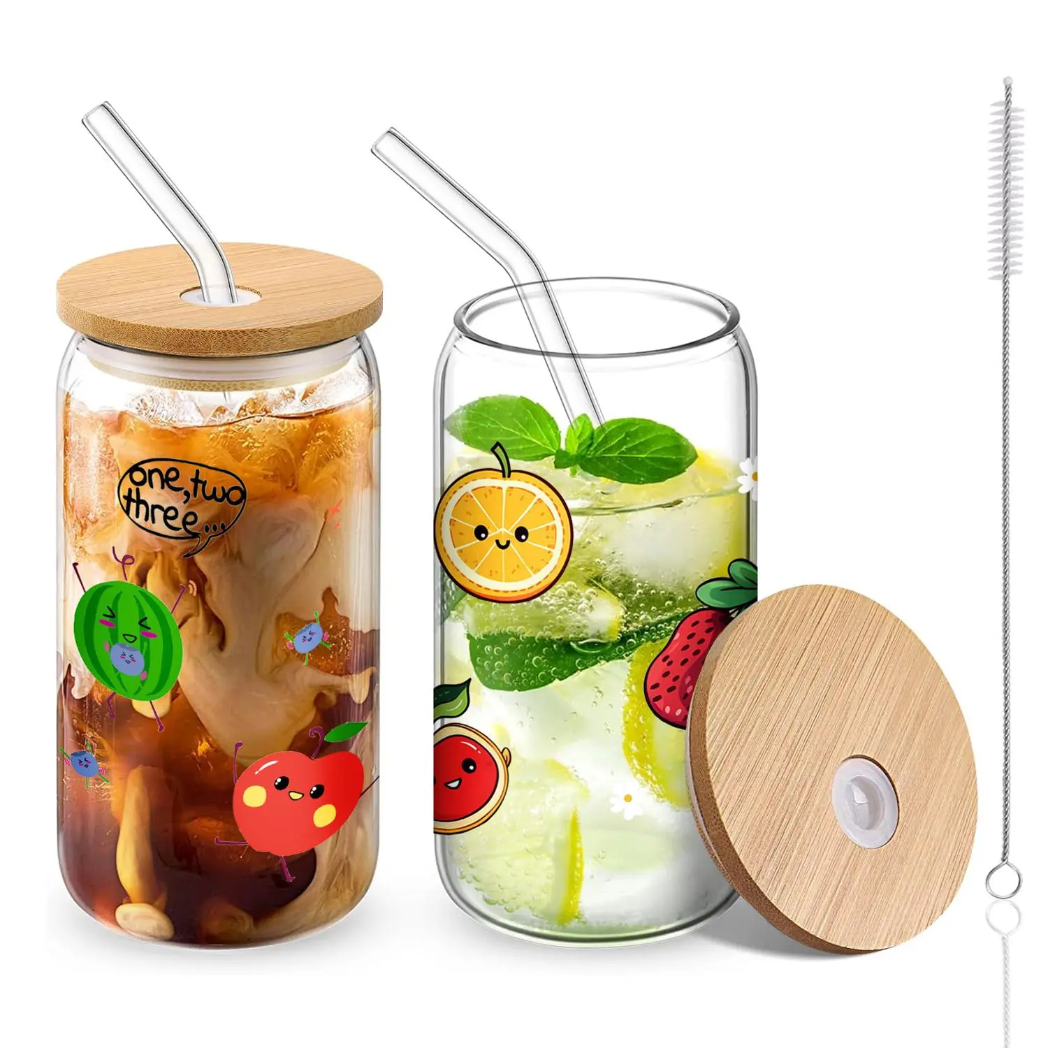 Fruit Pattern Glass Cup with Bamboo Lid & Glass Straw, 2 Counts/set 16oz Clear Glass Cup, Drinking Glasses, Reusable Glass Can Drinking Glasses, Gift Ideas, Drinkware