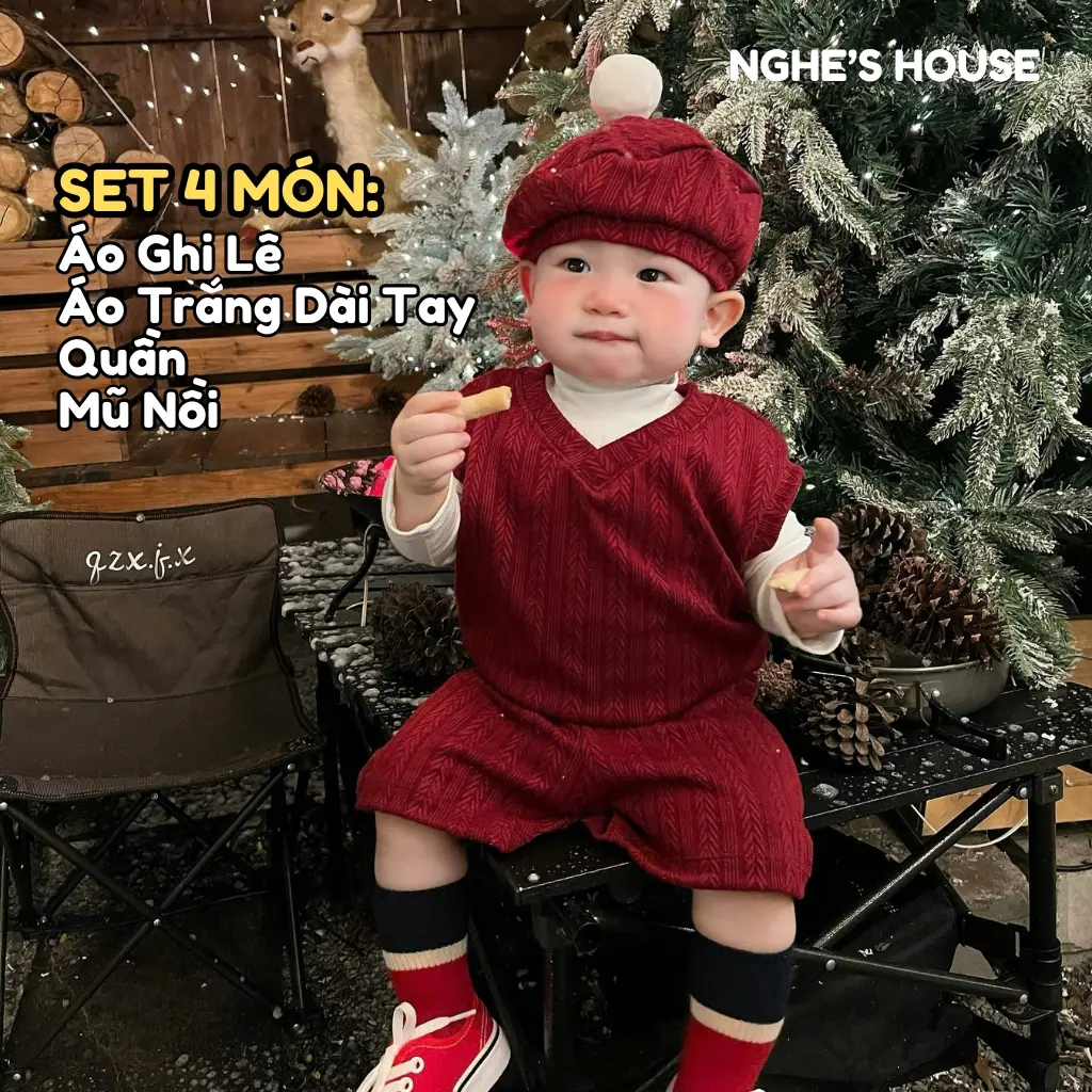 Set 4 Món TẾT Phối Đỏ Trắng Tặng Mũ Nồi Chất Len Cực Xinh Dành Cho Bé Trai Bé Gái NO4