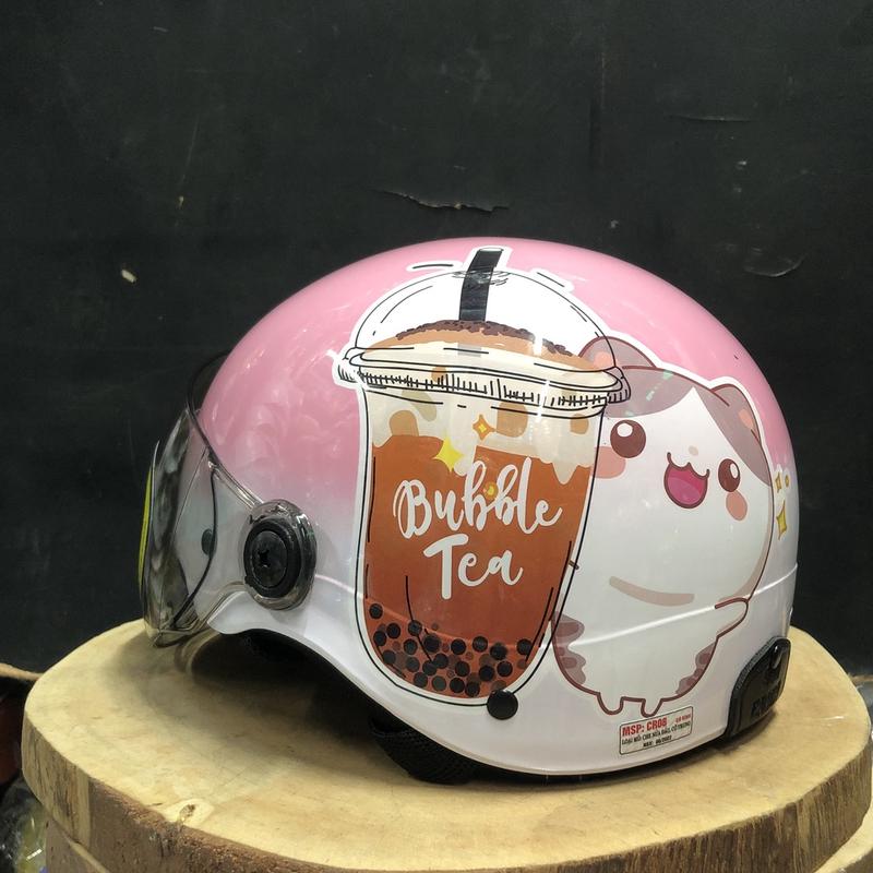  Mũ bảo hiểm cho bé 7 đến 17 tuổi nửa đầu có kính hình trà sữa siêu cute phù hợp cho xe máy và xe đạp điện Helmet 