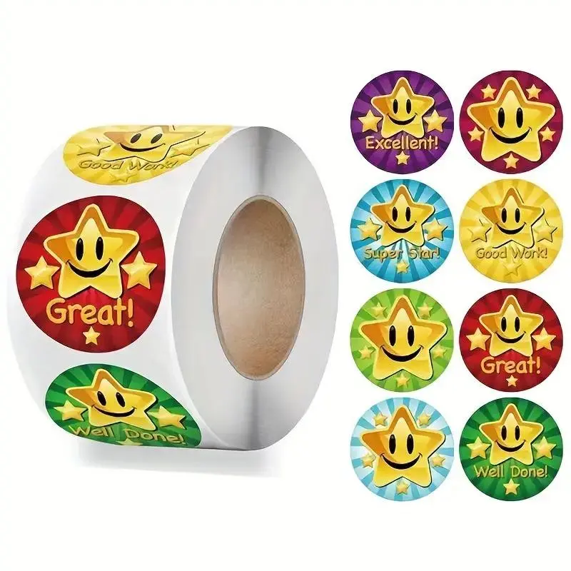 Star & Smile Face Pattern Sticker, 500pcs/Roll Round Self Adhesive Decor Paper, Decor Sticker For Gift Greeting Card Water Bottle Laptop Phone
