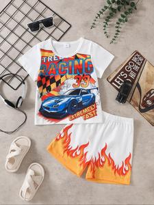 Two-piece Set Boy's Car & Letter Print Short Sleeve Tee & Flame Print Shorts, Casual Round Neck T-shirt & Track Shorts, Summer Clothes for Kids
