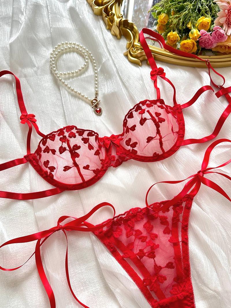 Product Introduction of Wind romantic love embroidery sexy perspective mesh with steel ring underwear for women 10