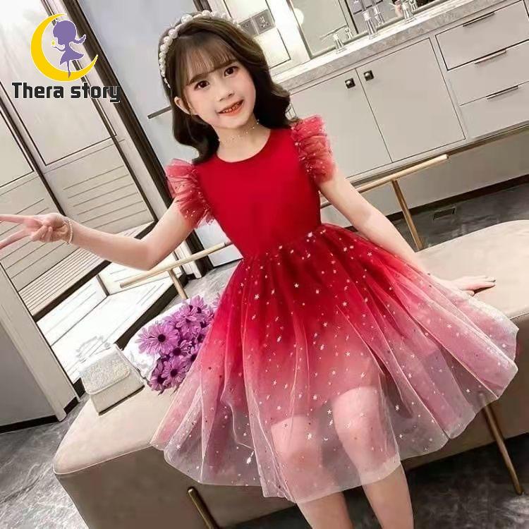 Váy Nữ ngắn tay Phong Cách Phương Tây, Váy Vải Tuyn Công Chúa Gradient, Th 0
