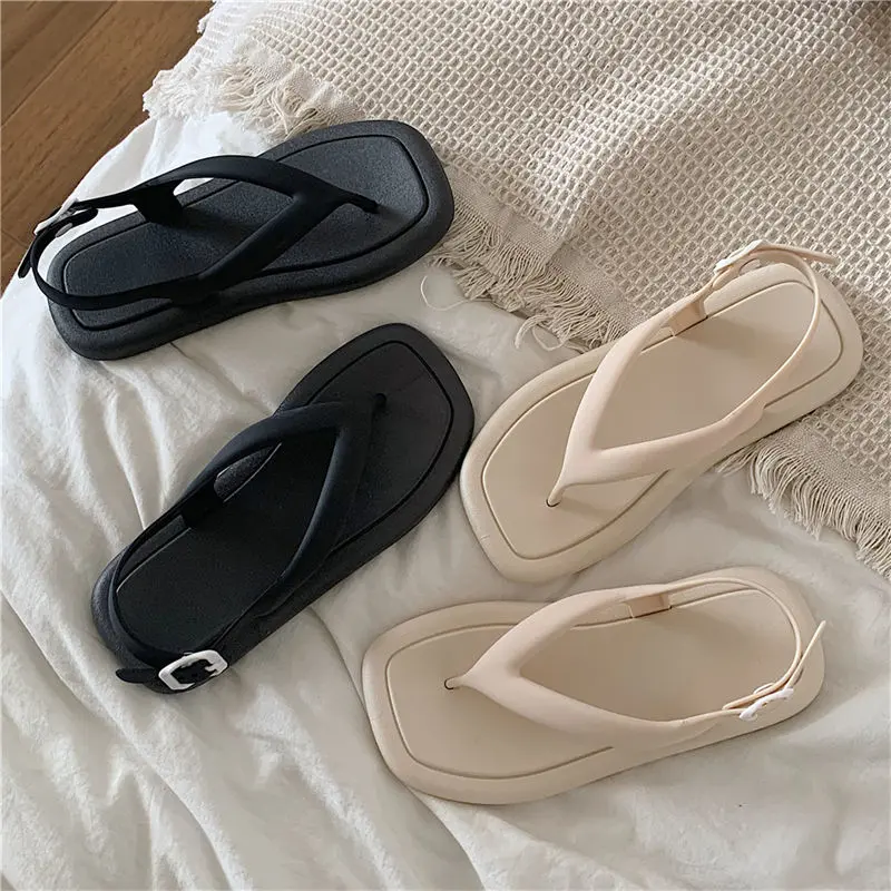 Giày La Mã, Phong Cách Hàn Quốc, Độc Đáo, Mũi Vuông, Lật Ngón Chân, Dành Cho Nữ, Thích Hợp Cho Học Sinh Mùa Hè, Sử Dụng Hàng Ngày, Ngoài Trời, Dép Đi Biển Đế Bằng Không Trơn Trượt, Phong Cách Ins 6