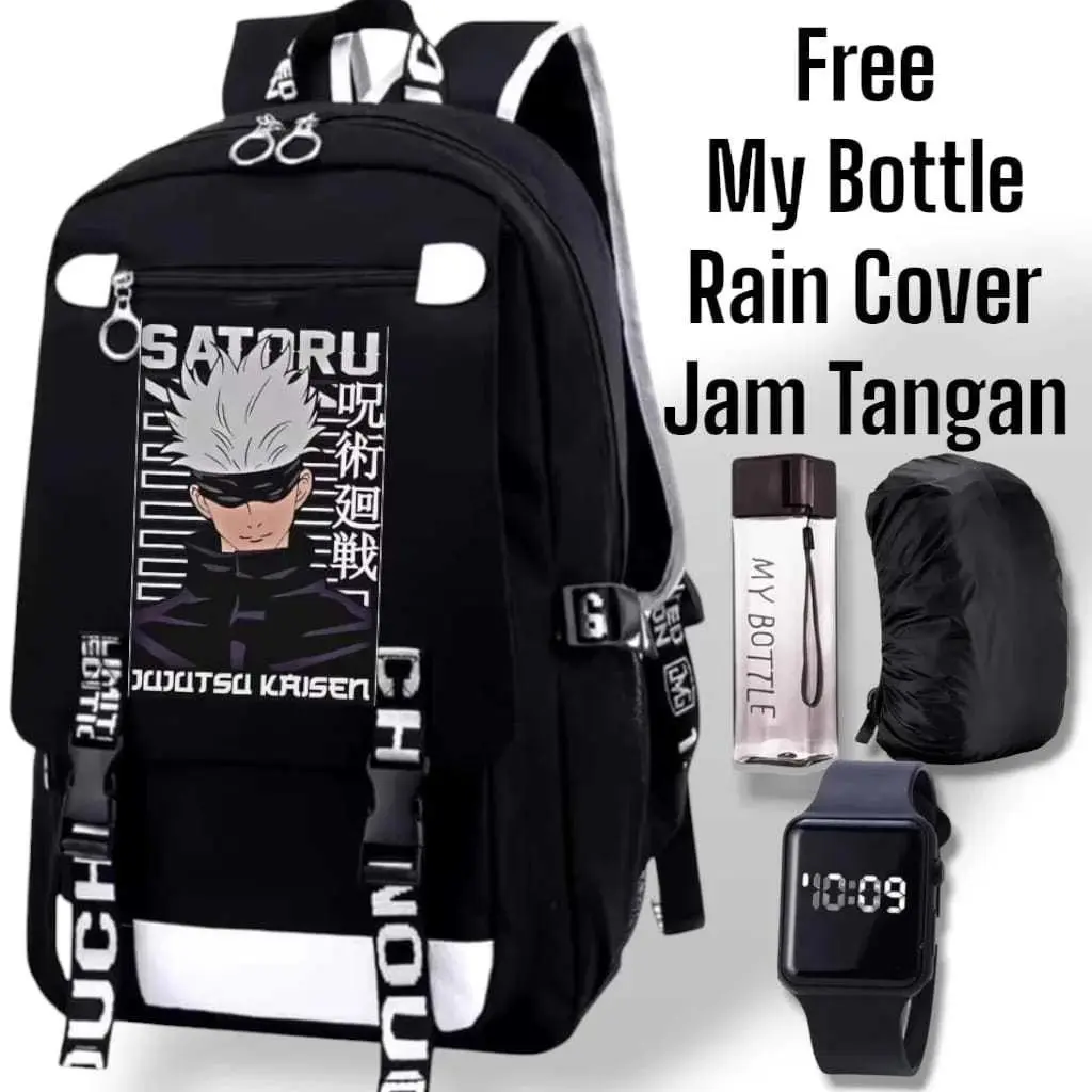 HS - TAS SEKOLAH ANAK SD LAKI LAKI PEREMPUAN GOJO SATORU JUJUTSU KAISEN TAS ANIME TERBARU FASHION MURAH TAS RANSEL SEKOLAH ANAK TK PAUD TAS ANAK LAKI LAKI TAS GOJO FREE JAM LED MY BOTTLE 4IN1 BANYAK BONUSNYA
