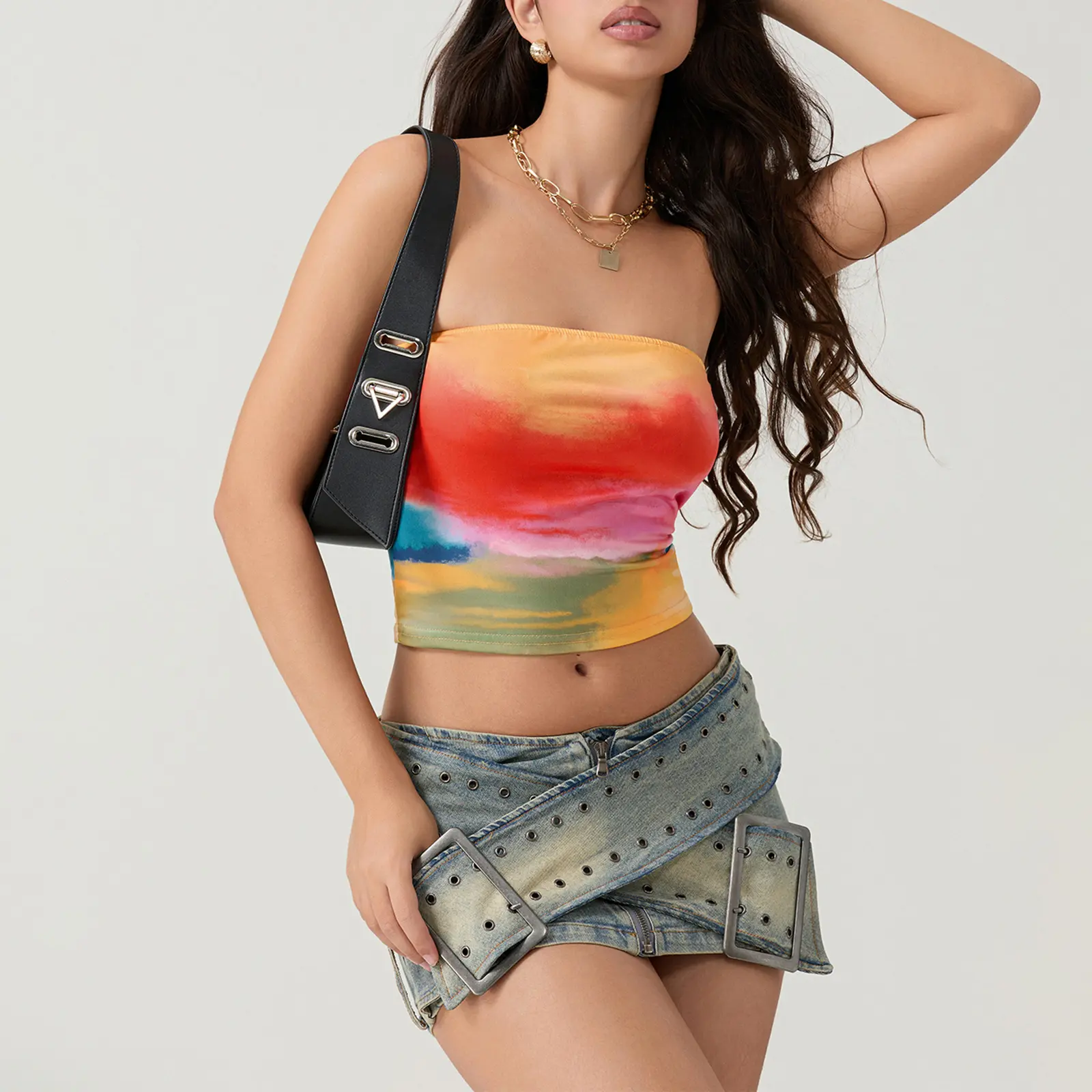 Women Wrap Chest Tube Tops Print Boat Neck Strapless Tank Tops Summer Backless Bandeau Crop Tops