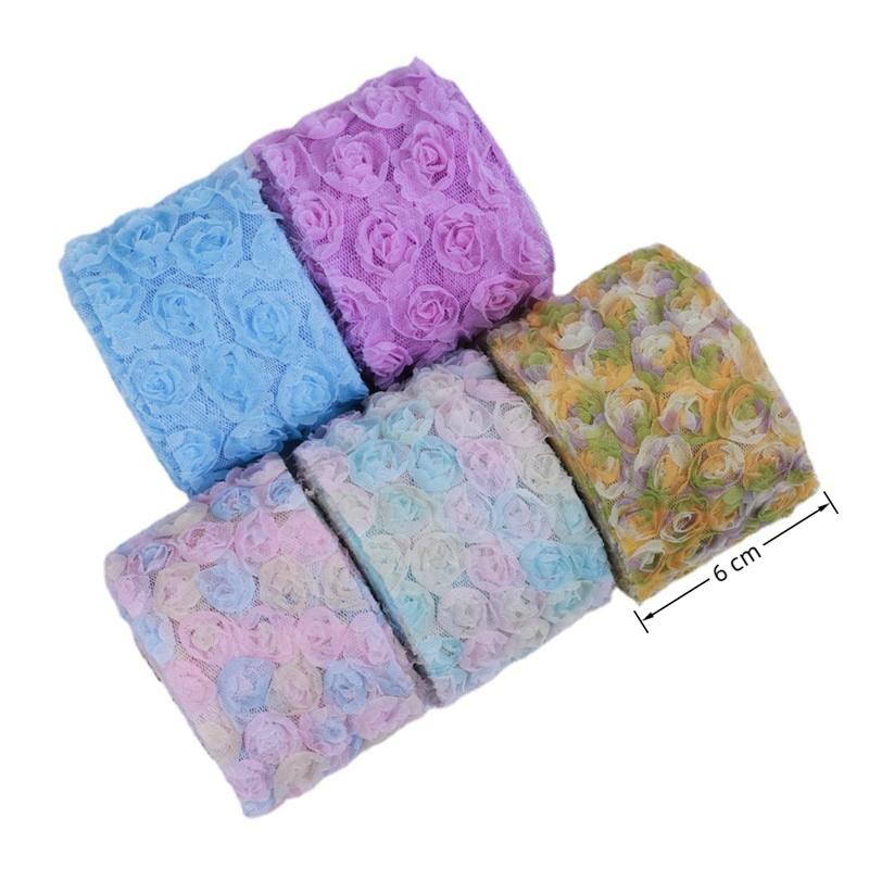 New DIY Rose Lace Applique Chiffon Gradient Color Trim Ribbon 6cm Flower Embroidered Costume Headdress 2