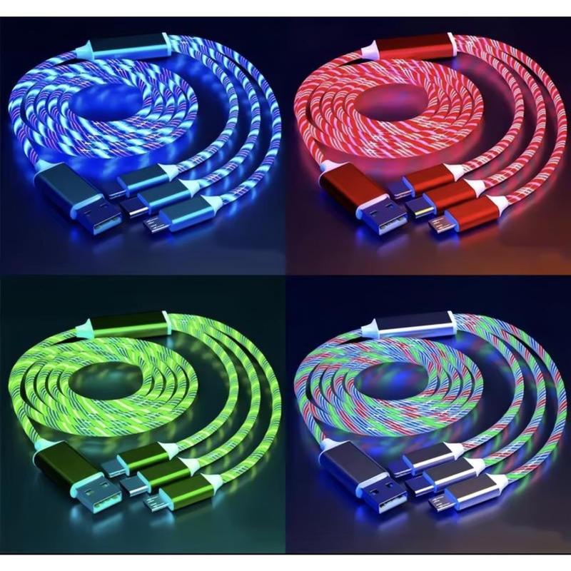 Cáp sạc di động, 3 IN 1, Cáp USB LED, Streamer đầy màu sắc, Cáp Type C và Micro, Sạc nhanh, Dòng dữ liệu 1