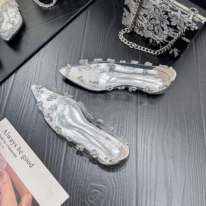 Giày Đế Bằng, Mũi Nhọn Gợi Cảm, Màu Đỏ, Phong Cách Lưới Cửa Hàng Kiểu Pháp, Bán Chạy, Kim Cương Giả Trong Suốt Màu Bạc, Pha Lê Cao, Thích Hợp Cho Đám Cưới, Bán Trong Cửa Hàng Pháp Nữ Shoes 3