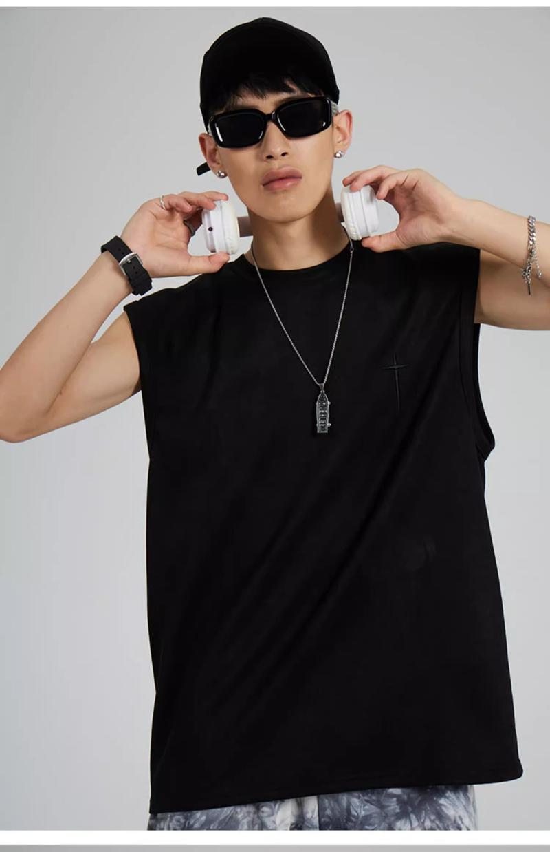 Product Introduction of American Style Sleeveless Vest for Men Summer Suede Embroidered Tank Top Trendy Loose Sports Shirt 7