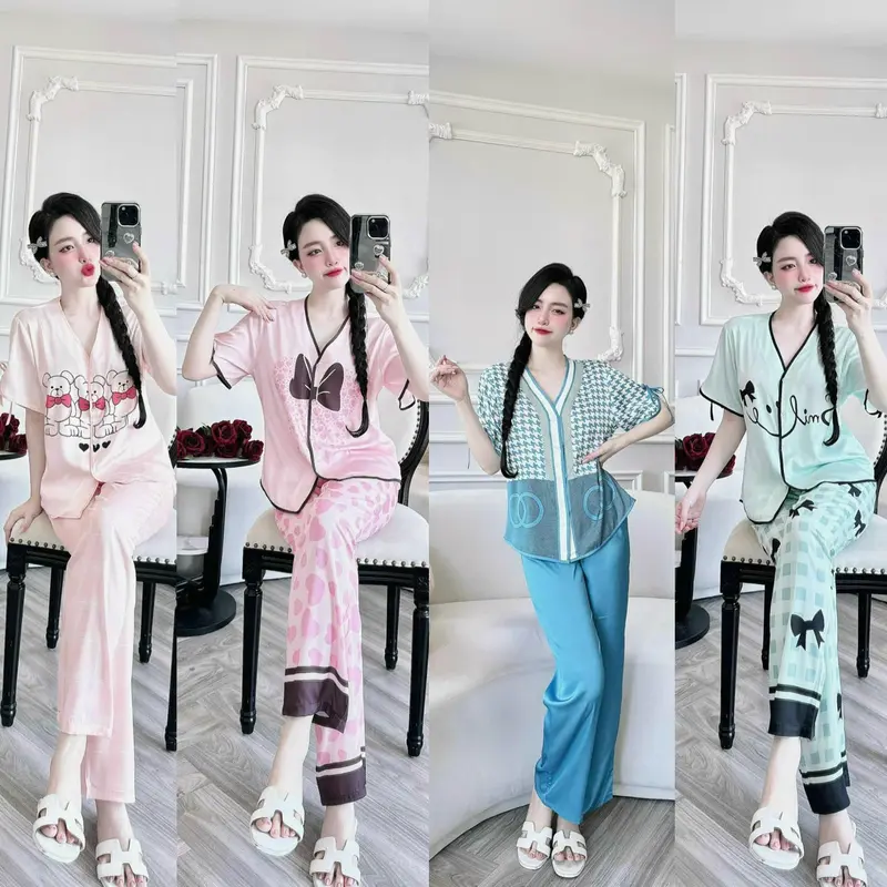 (40-76kg) Pijama Đồ bộ ngủ dành cho nữ cổ tròn tay ngắn quần cộc lụa xước ánh kim 40-76kg 2