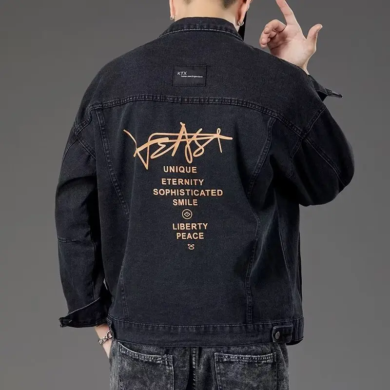 Áo khoác JEANS nam nữ màu Đen kiểu IN chữ AJ007, vải Denim dày mềm mại chống tia UV Menswear Jacket