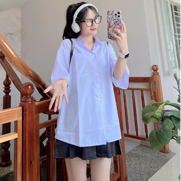 Áo Sơ Mi Nữ Tay Ngắn Dài Học Sinh Đi Học Có Túi Form Rộng Vừa Đồng Phục Áo Sơ Mi Trắng Nữ Kiểu Basic Tay Dài Mặc Đi Làm Công Sở Women Top