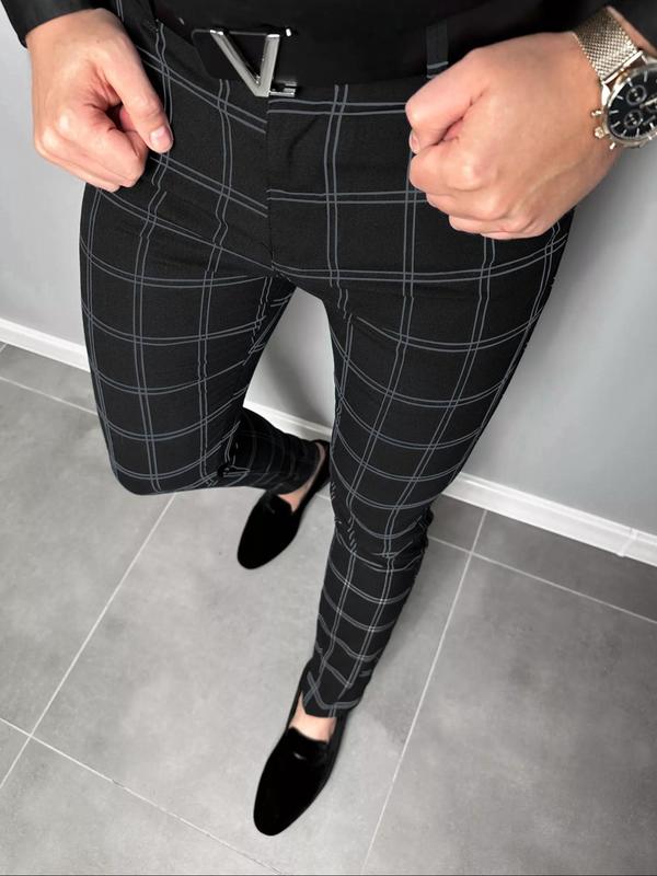Men's Plaid Print Button Fly Slim Pants, Business Casual Pocket Design Trousers For All Seasons, Men's Bottoms For Work Office Daily Wear 1