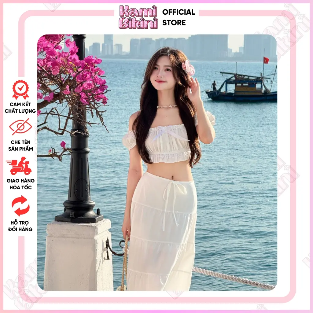 SET ĐỒ 2 CHI TIẾT : Chân váy dài đi biển màu trắng phối ren mix áo đính nơ trễ vai cúp ngực - Mã AN04 & CV04