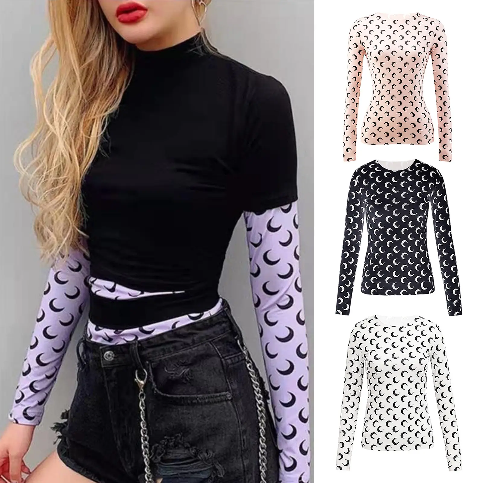Áo Lụa Lạnh Mùa Hè, Cổ Tròn, Dài Tay, Chống Nắng, Họa Tiết Mặt Trăng, Co Giãn, Dáng Ôm, Áo Chui Đầu, Mặc Trong