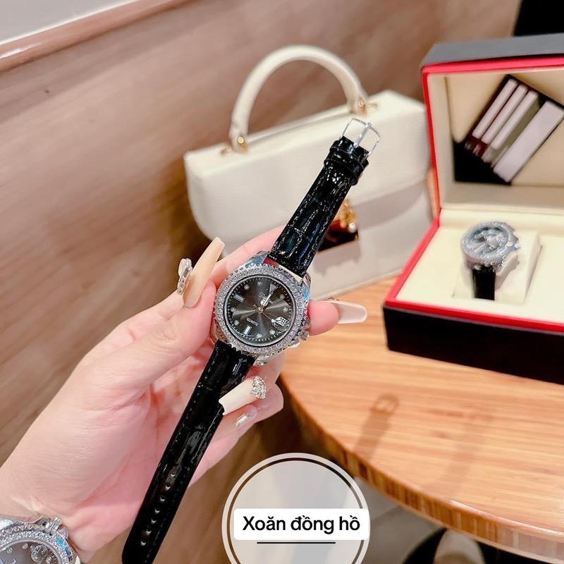 A17 Đồng hồ thời trang nữ đính đá sang trọng, dây da cao cấp, có lịch ngày chống nước 3ATM đeo tay voi watch women A17